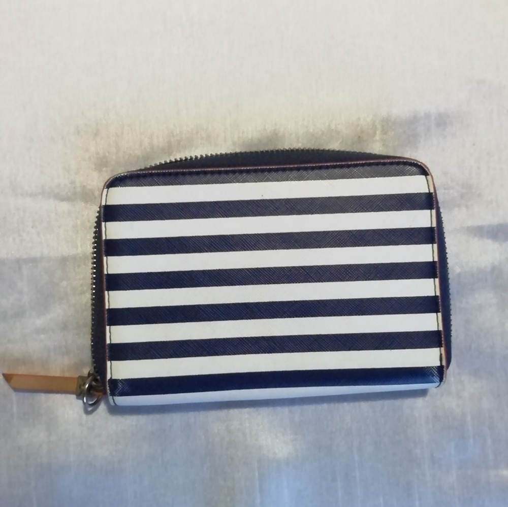 Stella and Dot clutch, navy blue and white stripe, zip around. - Picture 3 of 5